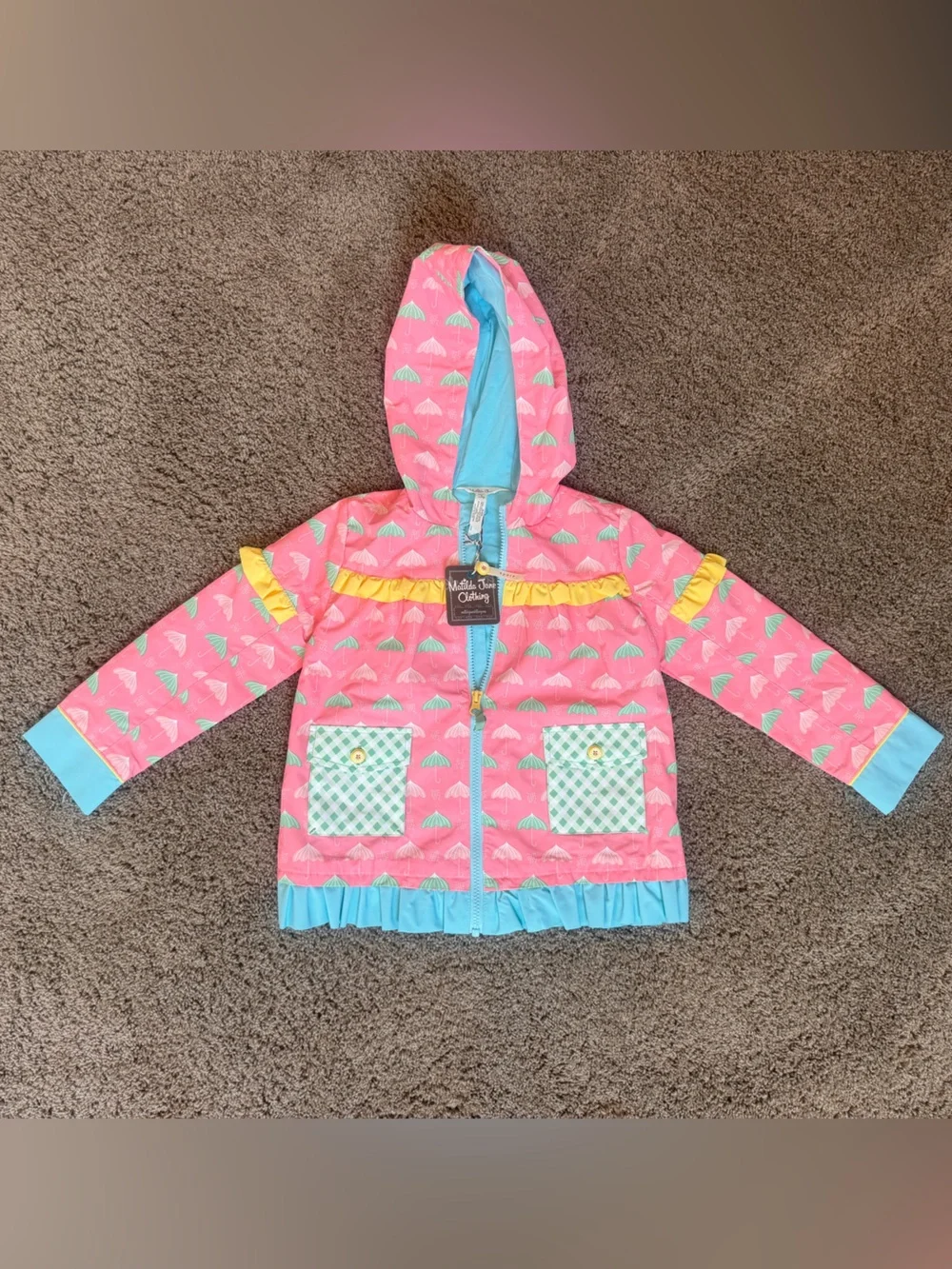 Matilda Jane Pink & Aqua Umbrella Hooded Jacket with Yellow Ruffle